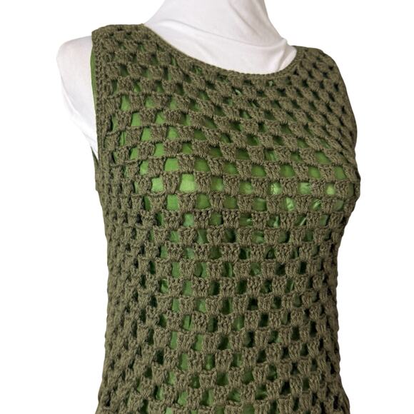 Vintage 70s Handmade Green Crochet Boho Retro Mini Dress XS - Picture 7 of 8